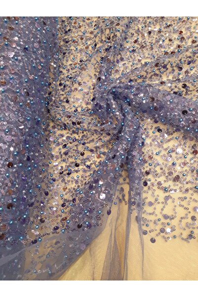 Safir Kumaş İnci Pul ve Kum Boncuk işlenmiş Sıvama Dantel 2.5 Metre  (Astar D...