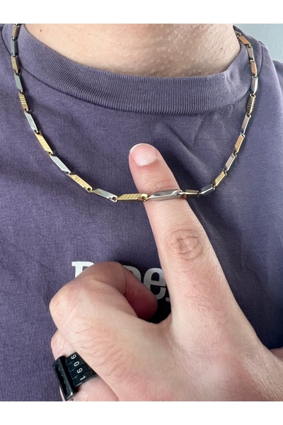 Sizintakidunyaniz Sarı Gri Çift Renkli Erkek Küp Üçgen Çelik Kolye