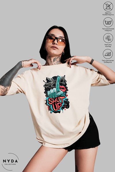 Nyda Collections Unisex Crew Neck Shut Up εμπριμέ βαμβακερό μπλουζάκι με κοντό μανίκι