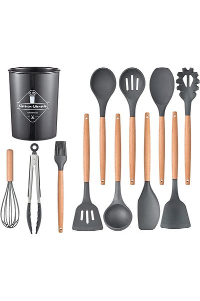 AWH ICVKRJ 12 Pcs Silicone Cooking Utensils Set, Heat Resistant, Wooden Handles, Nonstick Cookware