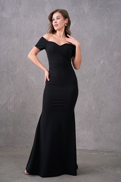 bayansepeti Black Crepe Fabric Sweetheart Neckline Off-Shoulder Detail Sweep Train Design Maxi Dress 582988