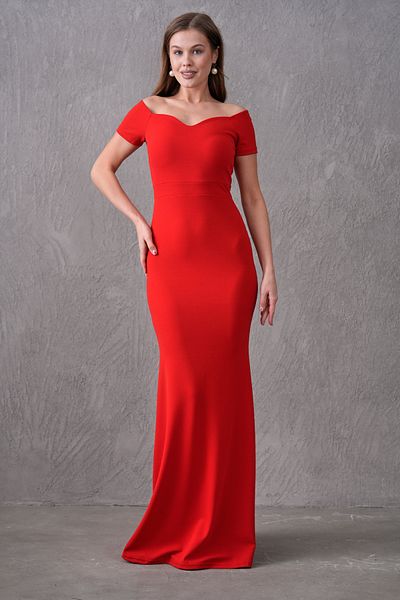 bayansepeti Red Crepe Fabric Sweetheart Neckline Off-Shoulder Detail Sweep Train Design Maxi Dress 582988