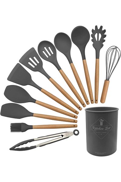 AWH 12-Piece Silicone Cooking Utensils Set with Solid Wood Handles and Holder Bucket (Dark Gray)