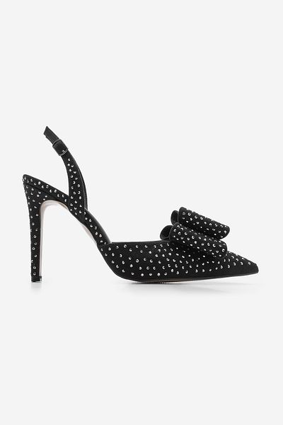 Marjin Maver Damen-Stiletto-Schuhe aus schwarzem Wildleder mit Schleifendetail und offenem Rücken in Steinen