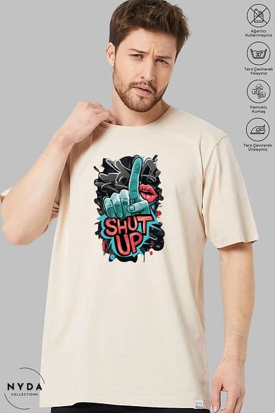 Nyda Collections Unisex Crew Neck Shut Up εμπριμέ βαμβακερό μπλουζάκι με κοντό μανίκι
