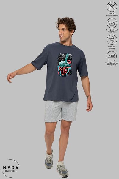 Nyda Collections Unisex Crew Neck Shut Up εμπριμέ βαμβακερό μπλουζάκι με κοντό μανίκι