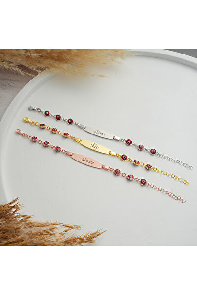Queen Silver Jewelry 925 ayar gümüş kırmızı göz boncuklu çocuk künye isim yazılı