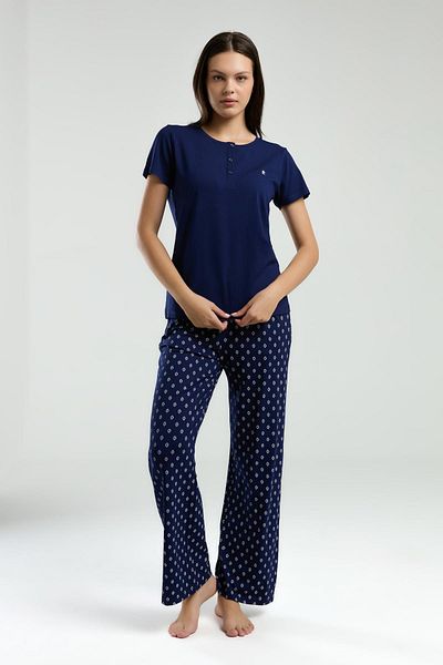 Pierre Cardin Women's Pajama Suit - Crew Neck, Buttoned Wide Leg Pockets