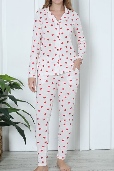 Nicoletta White Women's Pajamas Set - Valentine's Day with Long Sleeves, Pockets and Hearts