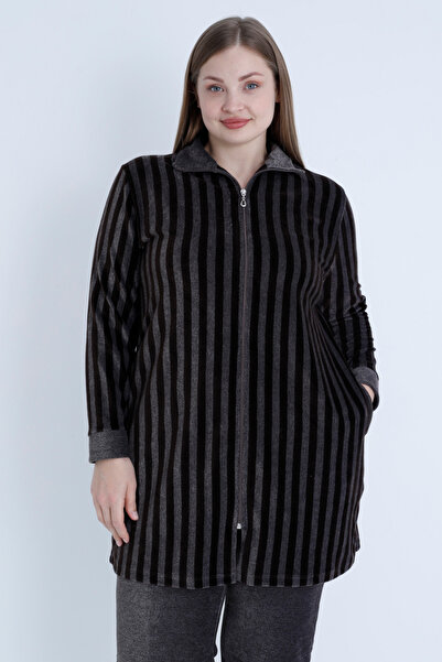 İntensive Γυναικείο μοτίβο ρίγες μεγάλου μεγέθους με μακρυμάνικο φερμουάρ και τσέπες από βαμβακερό βελούδο στο κάτω μέρος