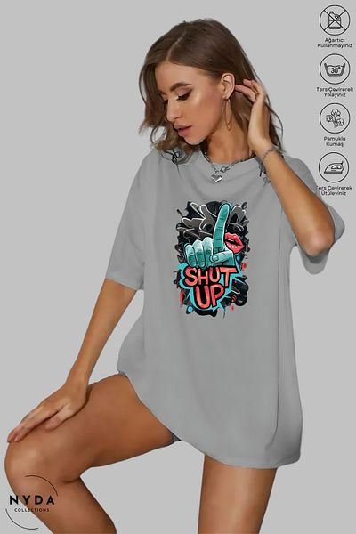 Nyda Collections Unisex Crew Neck Shut Up εμπριμέ βαμβακερό μπλουζάκι με κοντό μανίκι