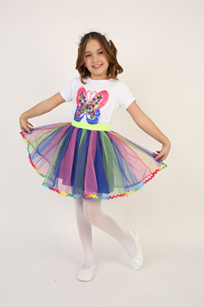 Dıgıl Kids Girl's Rainbow Suit Butterfly Badi Blouse Skirt