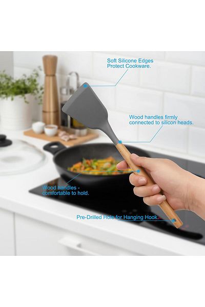AWH 12-Piece Silicone Cooking Utensils Set with Solid Wood Handles and Holder Bucket (Dark Gray)