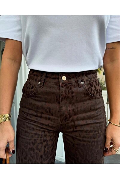 SUSEEMODA Leopar Desenli Palazzo Jean Pantolon Acı Kahve