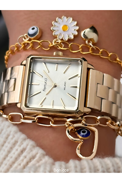 Ferrucci Marka Çelik Kordon, Kare Kasa, Sarı Kordon, Kadın Kol Saati Kalp li Bileklik