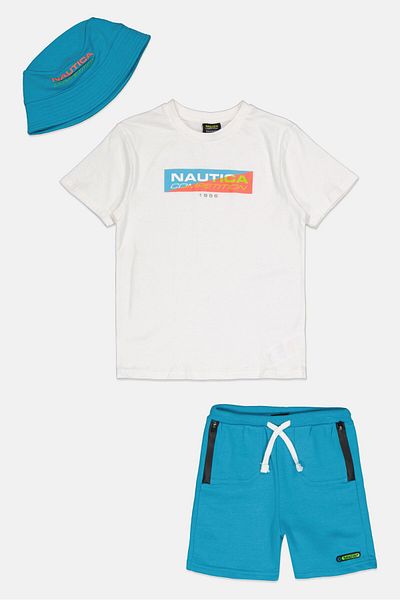 NAUTICA COMPETITION Kids Boy 3 Pieces Brand Logo T-Shirt And Short With Bucket Hat Set, White