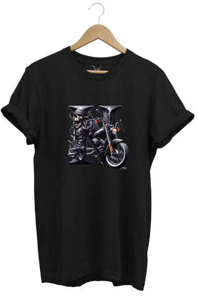 WİDİ Tricou negru cu capul de motocicletă imprimat cu litera N, 100% bumbac, ...