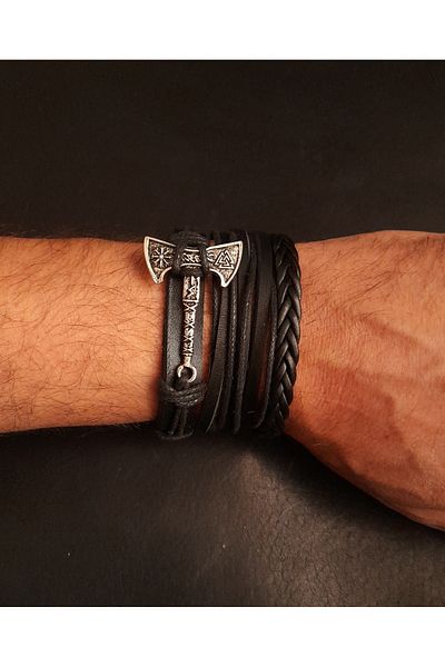 BSN Store سوار من الجلد الحقيقي مكون من 3 قطع من SKANDINAV VIKING VALKNUT AIX FIGURE