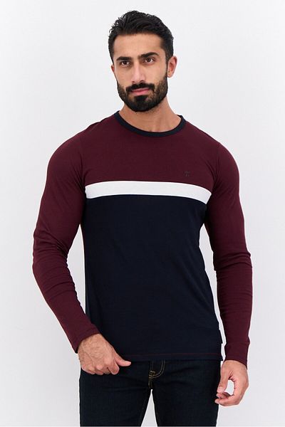 French Connection Men Crew Neck Short Sleeve Colorblock T-shirt, Maroon