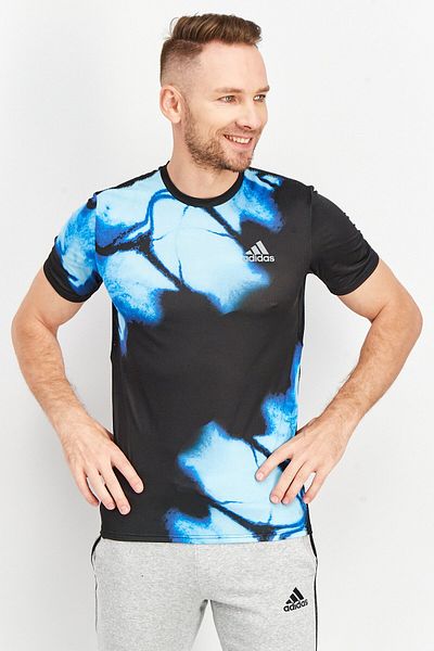 adidas Men Sport Fit Short Sleeve Running T-shirt, Black/turquoise
