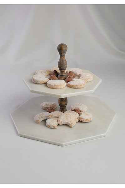 MERALP 2-Piece Real Marble Cake Presentation - Presentation and Layered Cookie Holder, Chestnut Wooden Leg