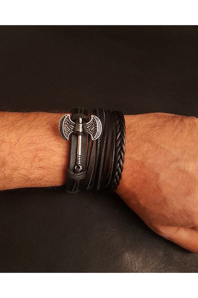 BSN Store سوار من الجلد الحقيقي مكون من 3 قطع على شكل فأس مزدوج من SKANDINAV VIKING