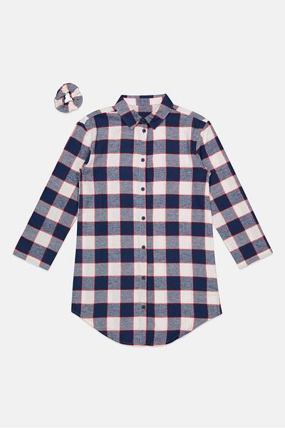 Tchibo Kids Girl Long Sleeve Plaid Night Dress, Navy Blue Combo
