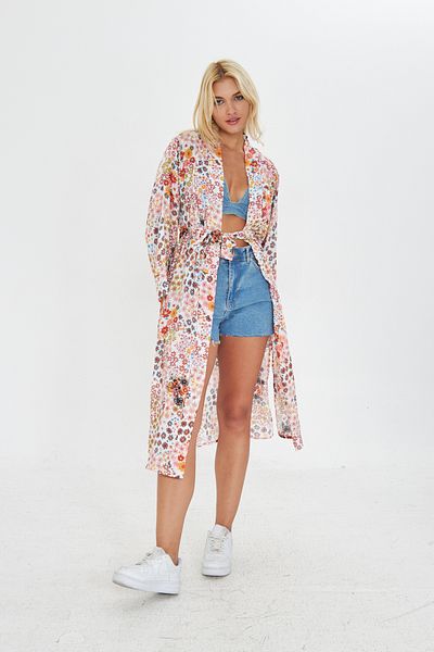 Kutaf Kimona lungă ultra moale cu model de flori albe