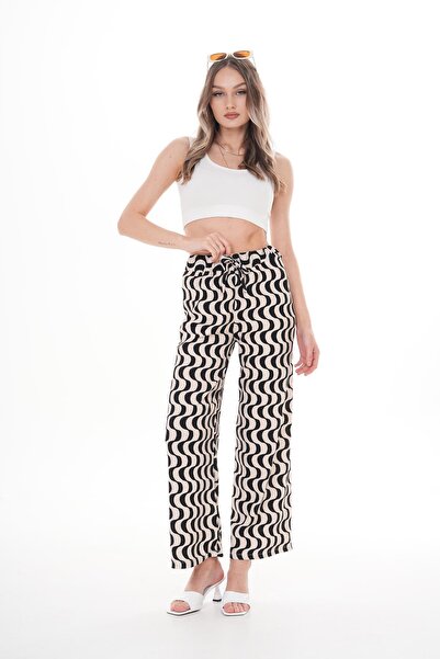 ŞİMAL Women's Ribbon Pattern Wide Leg Trousers 250026   -