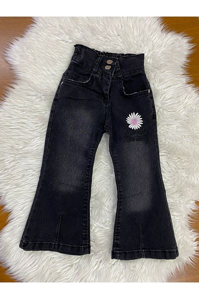 skycott pantaloni negri model spaniol pentru fete cu broderie margarete si slogan