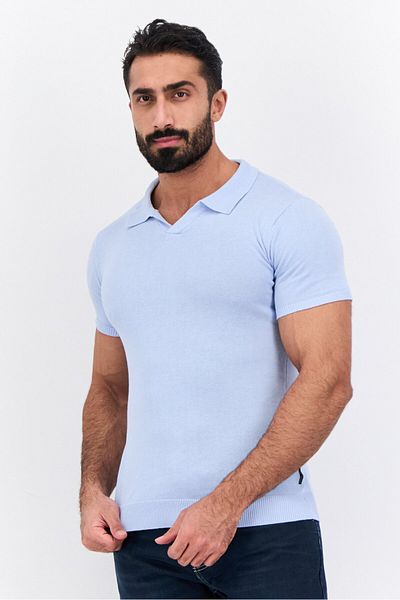 French Connection Men Regular Fit Short Sleeve Solid Knit Polo Shirts, Light Blue