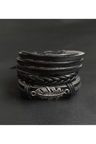 BSN Store Real Leather Bracelet with 3 Pieces of Feather Figure