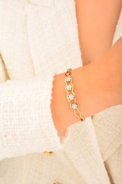 Cebeci 14 Ayar Papatyalı Kelepçeli Beyaz Altın Bilezik