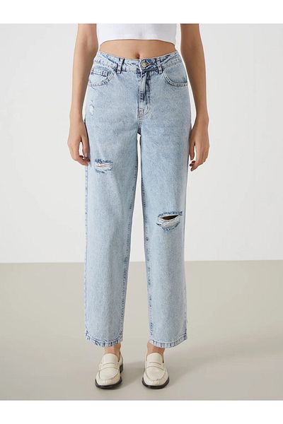 LC Waikiki LCW Jeans Indigo Boyfriend Pantaloni de damă cu detaliu rupt