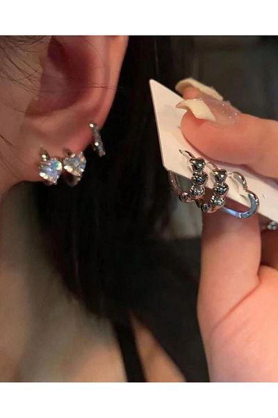 Vintageamer Heart and Stone Steel Earring Set