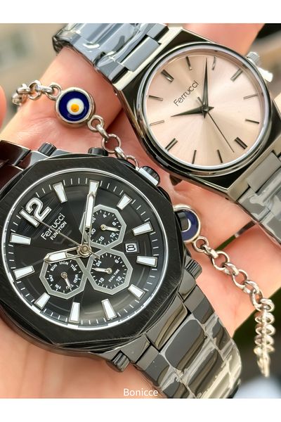 Ferrucci Black Color Steel Cord Lover Couple Wristwatches Bracelet