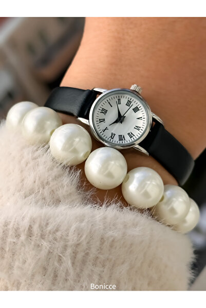 Bonicce Black Leather Band in Gift Box, Minimal Case, Women's Roman Numeral Wristwatch Pearl Bracelet