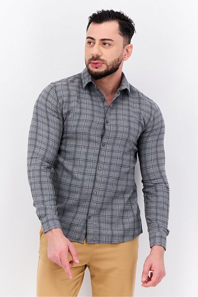 Jules Men Slim Fit Plaid Long Sleeves Louis Casual Shirt, Grey