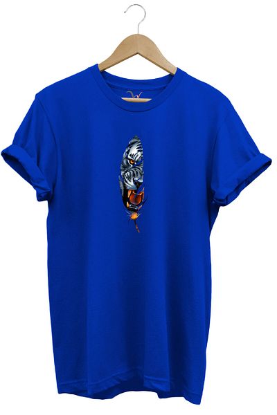 WİDİ Tricou albastru cu decolteu rotund, 100% bumbac, cu imprimeu cu pene de tigru