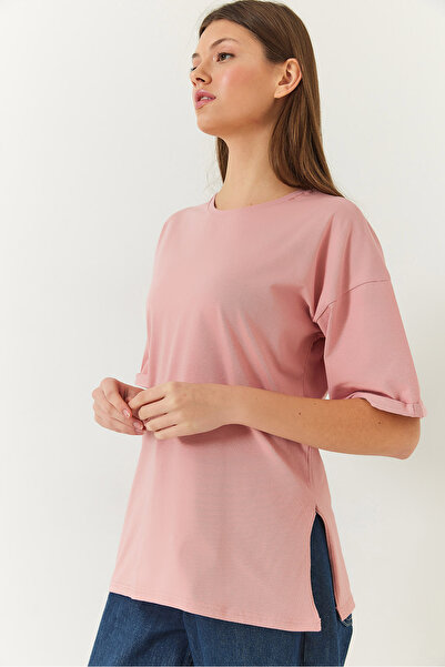 Bianco Lucci Crew Neck Women's T-Shirt with Slit Sleeve Detail - Short Sleeve Basic Model60251203