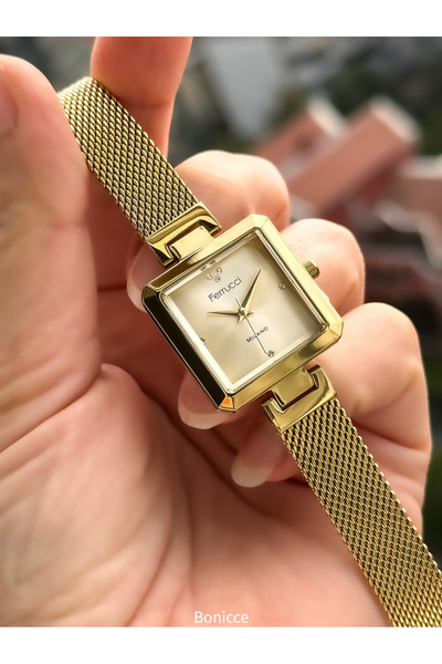 Ferrucci 25*25 MM Kasa,Sarı Renk Hasır Çelik Kordon,Sarı Kadran Taşlı Kadın Kol Saati+Kalp Bileklikler