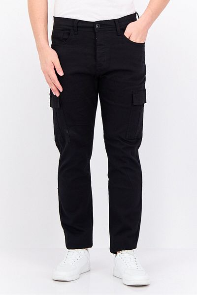 Crosshatch Men Tapered Fit Plain Stretchable Cargo Pants, Black
