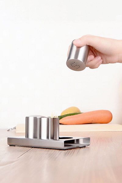 Weather Forecast 4-Piece Matte Steel Set - Salt, Black Pepper, Toothpick and Spice Holder Cin975
