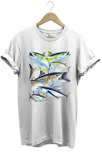 WİDİ تي شيرت أبيض برقبة دائرية وطبعة سمك السلمون المرقط مصنوع من القطن بنسبة ...