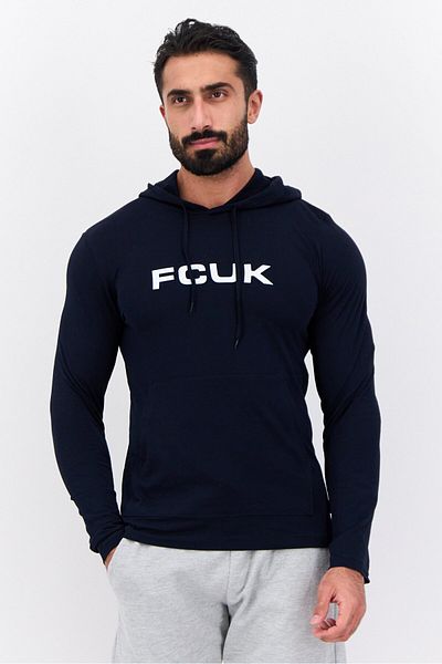 French Connection Men Hooded Neckline Long Sleeves Brand Logo T-Shirt, Navy
