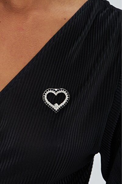 Estilo Lingerie Kalp Figürlü Siyah Beyaz Broş Kalp Broş Yaka Broş