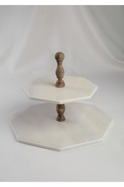 MERALP 2-Piece Real Marble Cake Presentation - Presentation and Layered Cookie Holder, Chestnut Wooden Leg