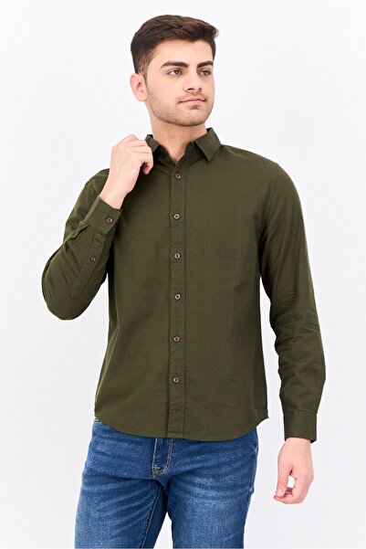 Algspar Men Regular Fit Plain Long Sleeves Casual Shirt, Dark Green