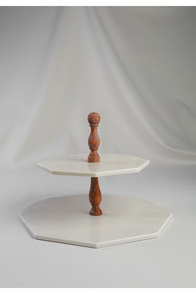 MERALP 2-Piece Real Marble Cake Presentation - Presentation and Layered Cookie Holder, Chestnut Wooden Leg