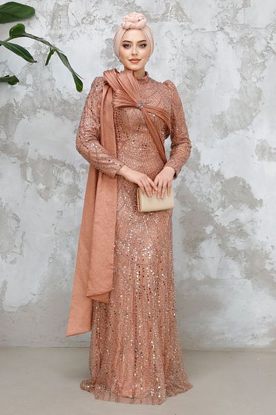 Neva Style Beaded Tan Hijab Evening Dress 50541Tb